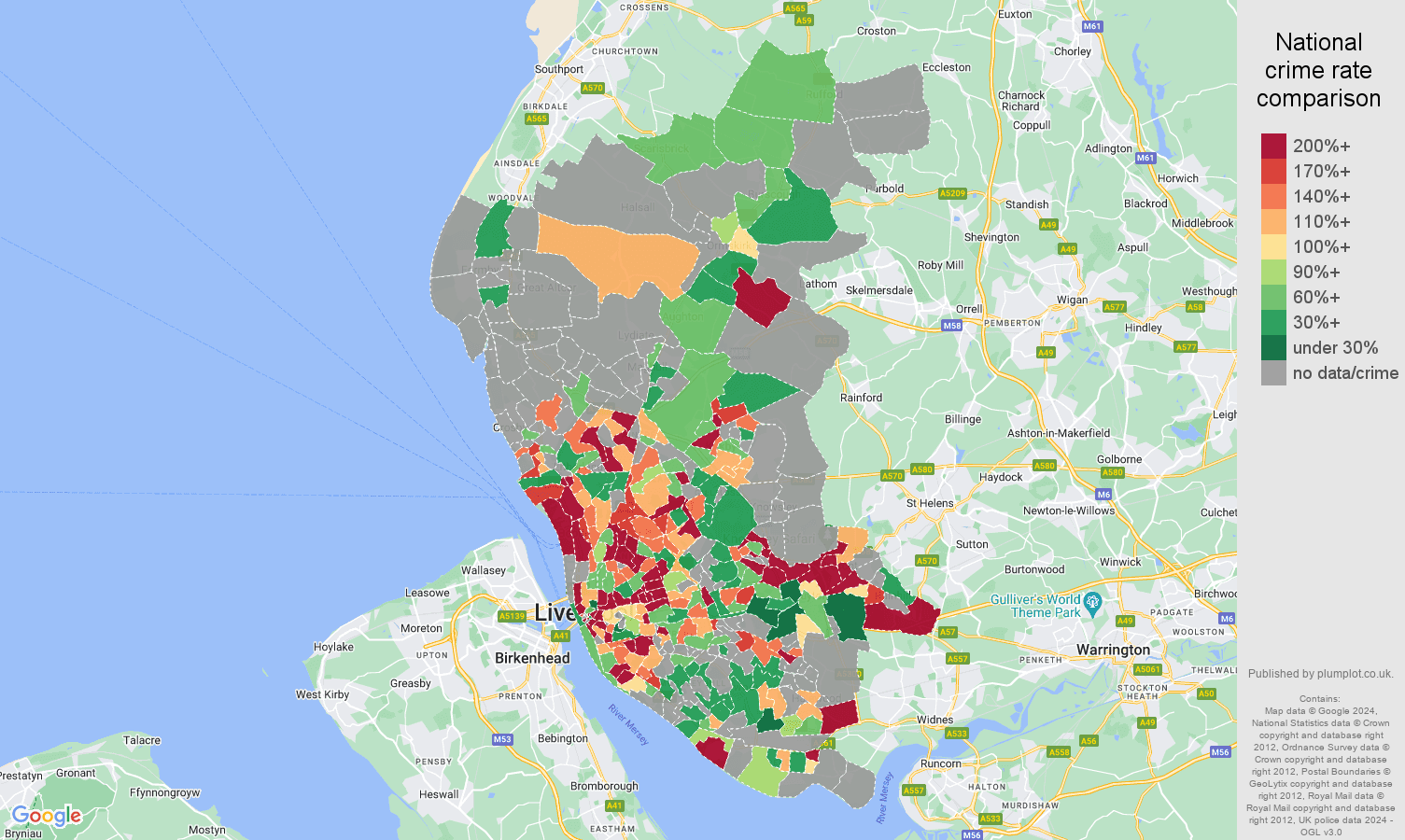 Liverpool possession of weapons crime rate comparison map