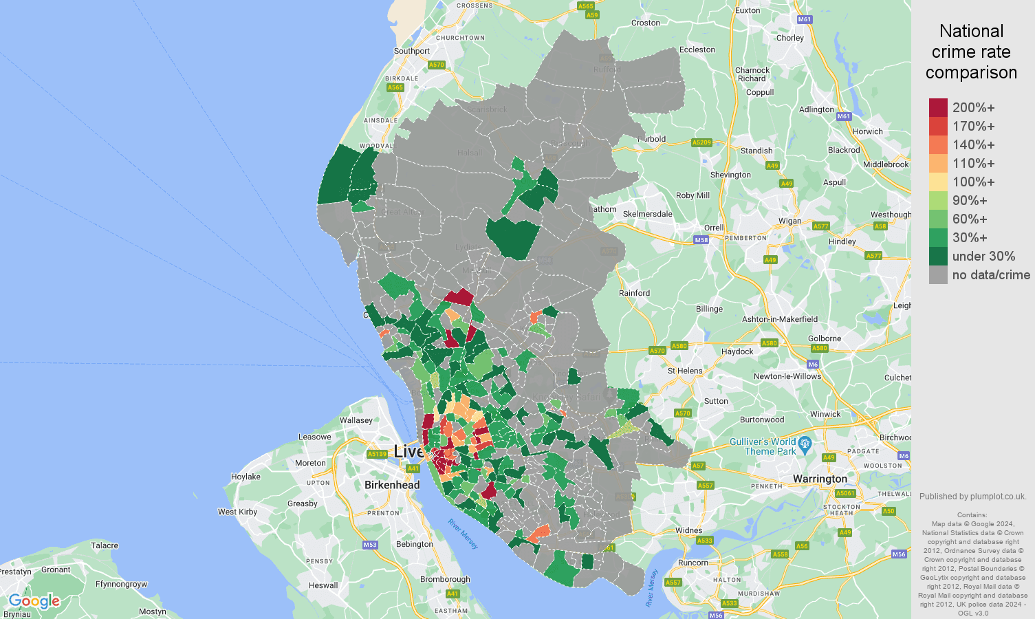 Liverpool theft from the person crime rate comparison map