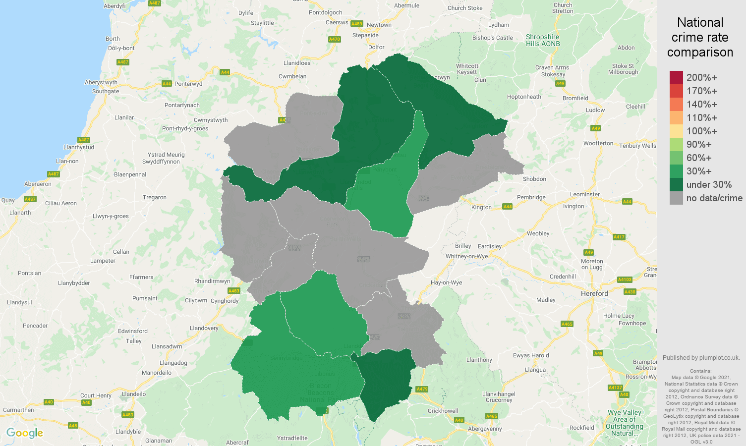 Llandrindod Wells bicycle theft crime rate comparison map