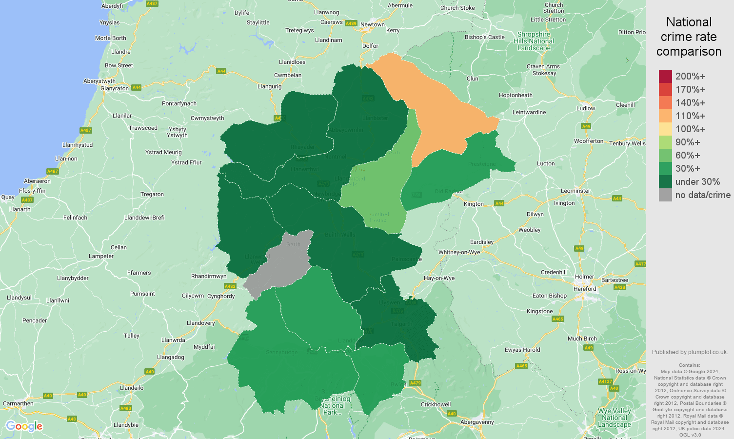Llandrindod Wells burglary crime rate comparison map