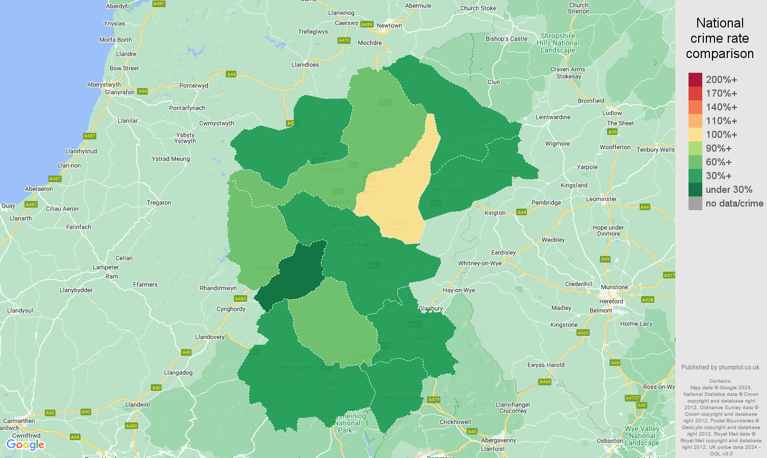 Llandrindod Wells crime rate comparison map