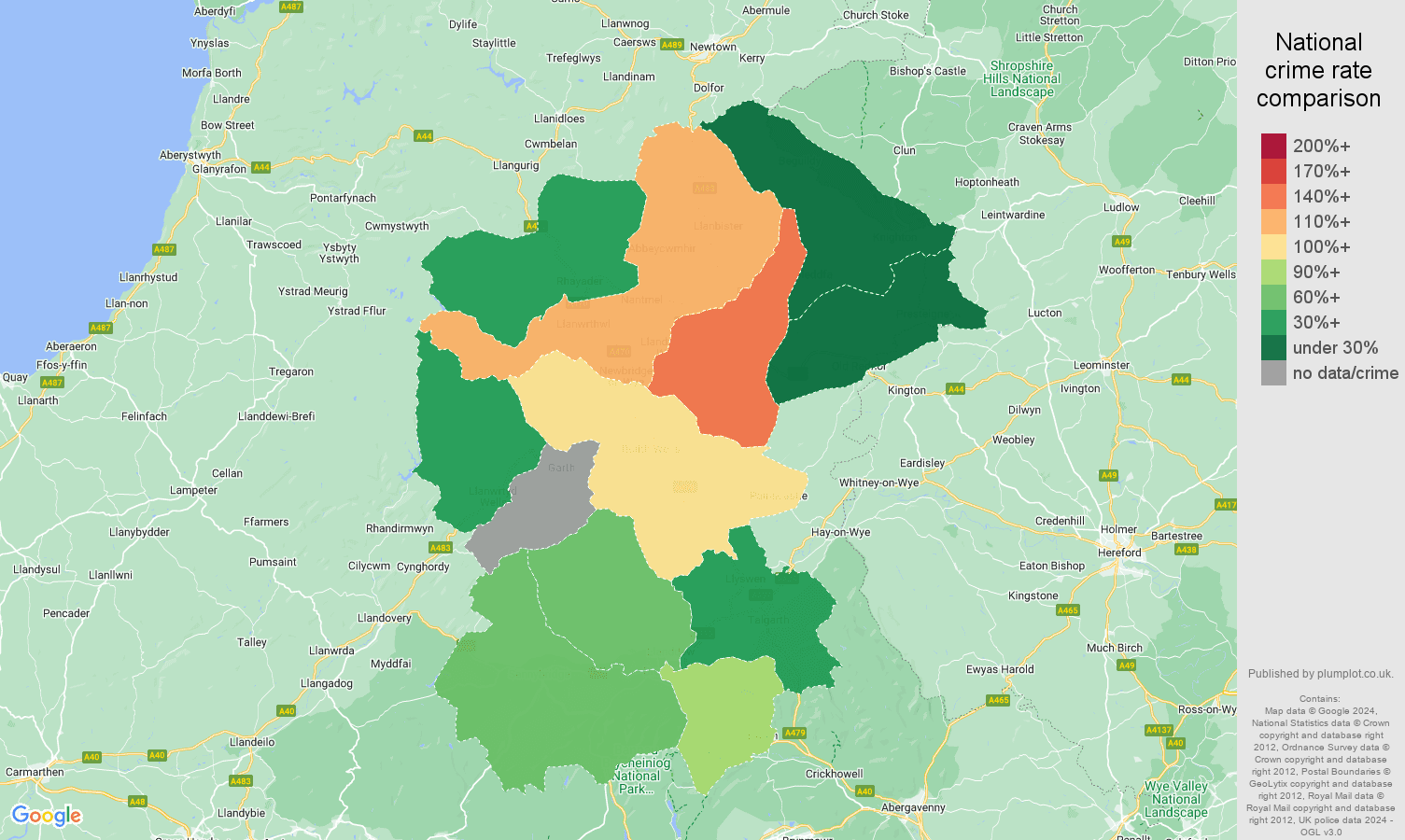 Llandrindod Wells drugs crime rate comparison map