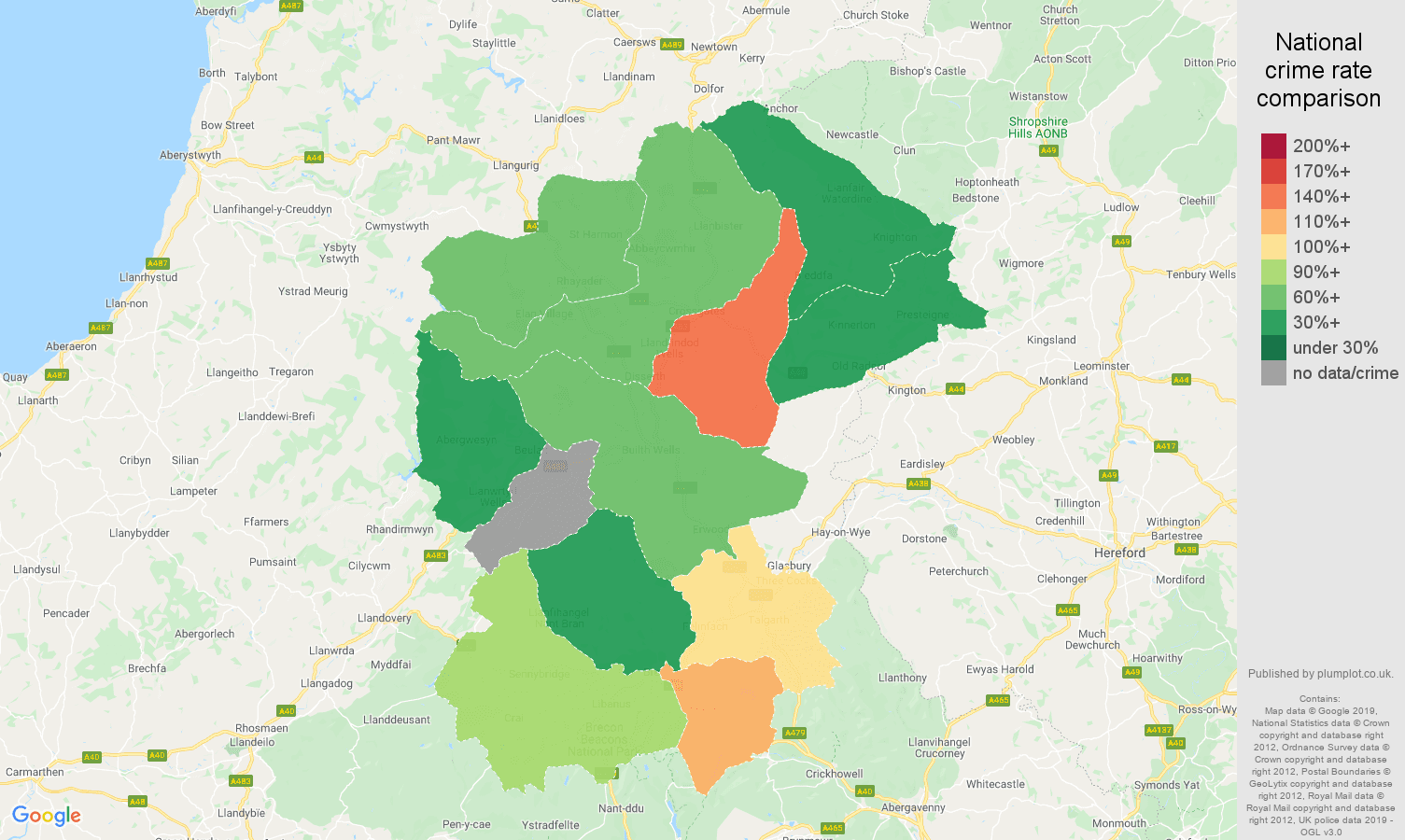 Llandrindod Wells other crime rate comparison map