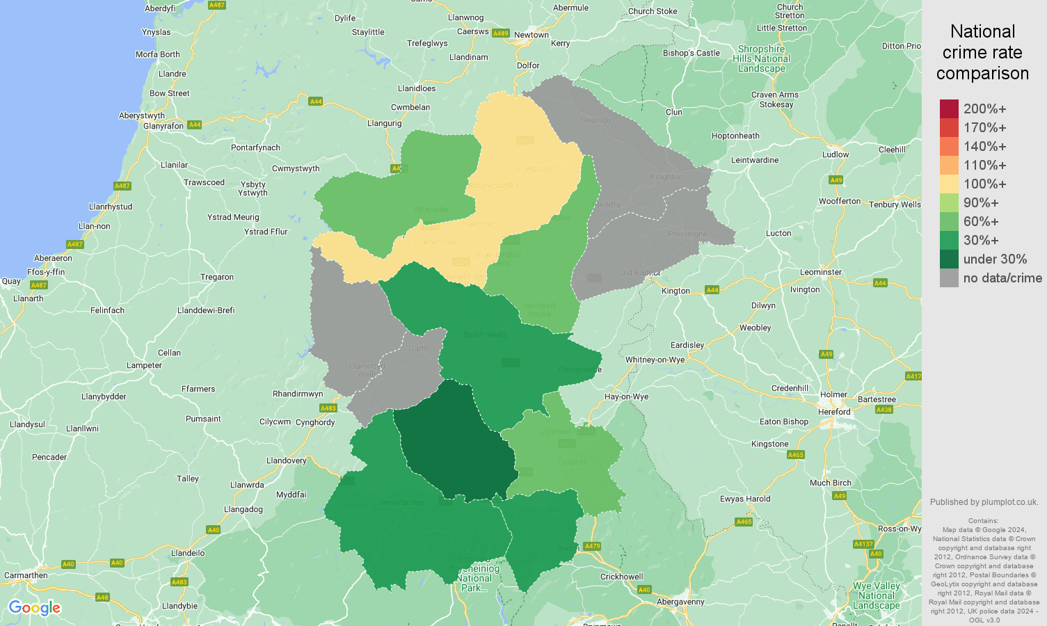 Llandrindod Wells possession of weapons crime rate comparison map
