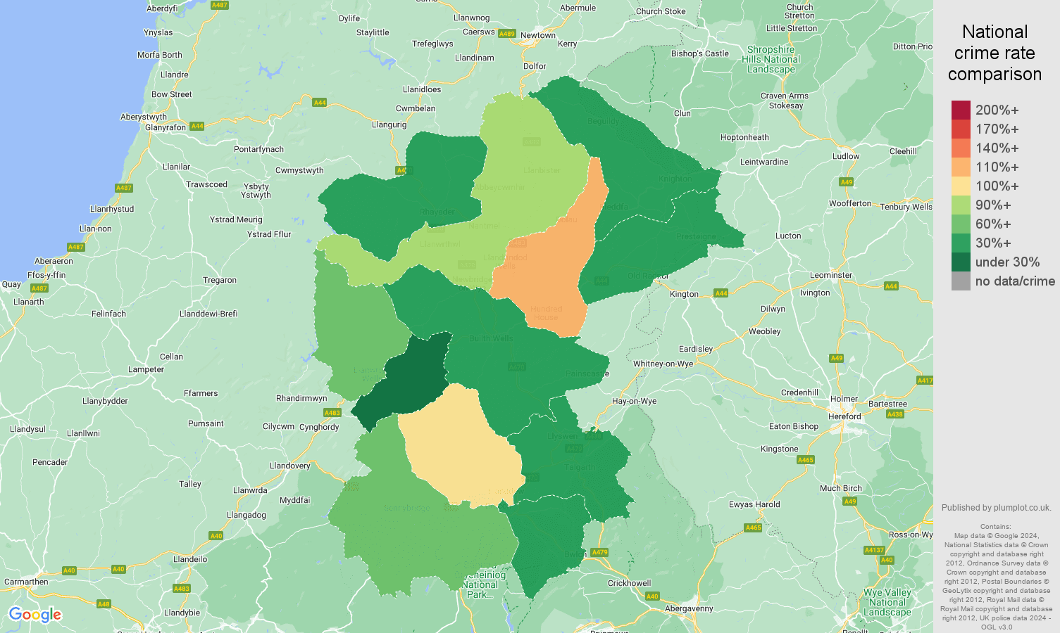Llandrindod Wells public order crime rate comparison map