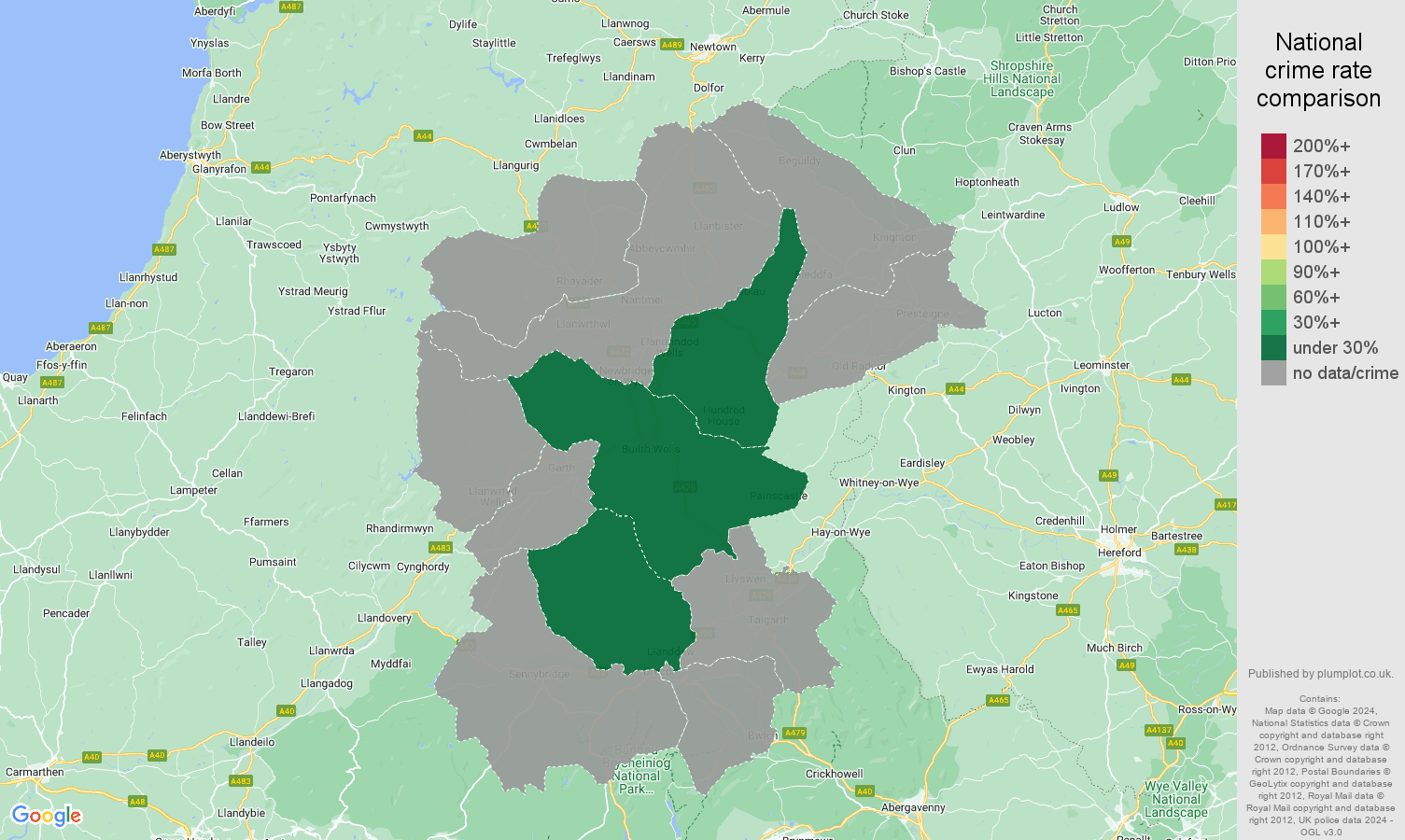 Llandrindod Wells robbery crime rate comparison map