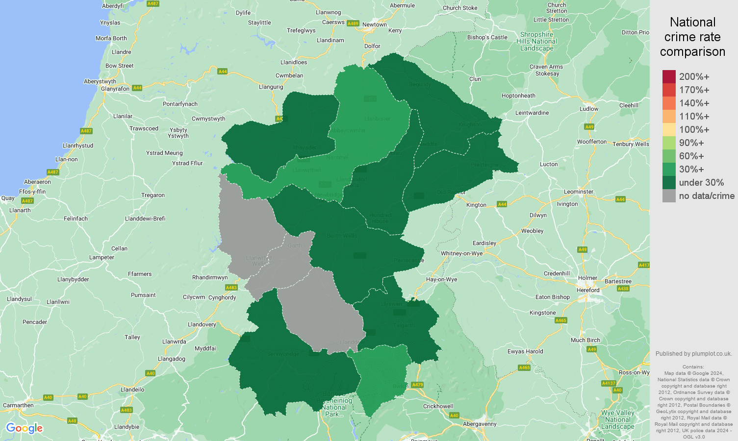 Llandrindod Wells shoplifting crime rate comparison map