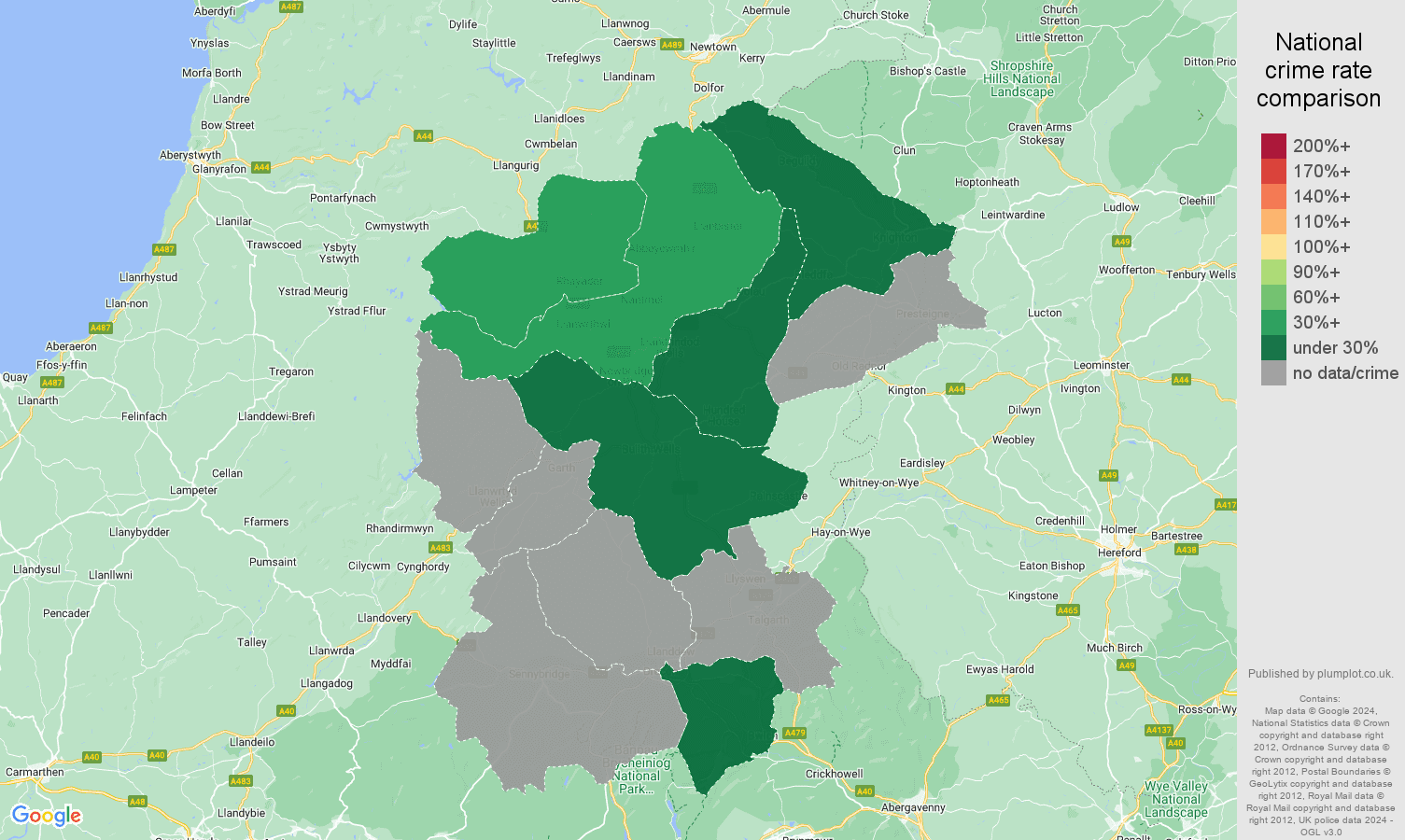 Llandrindod Wells theft from the person crime rate comparison map