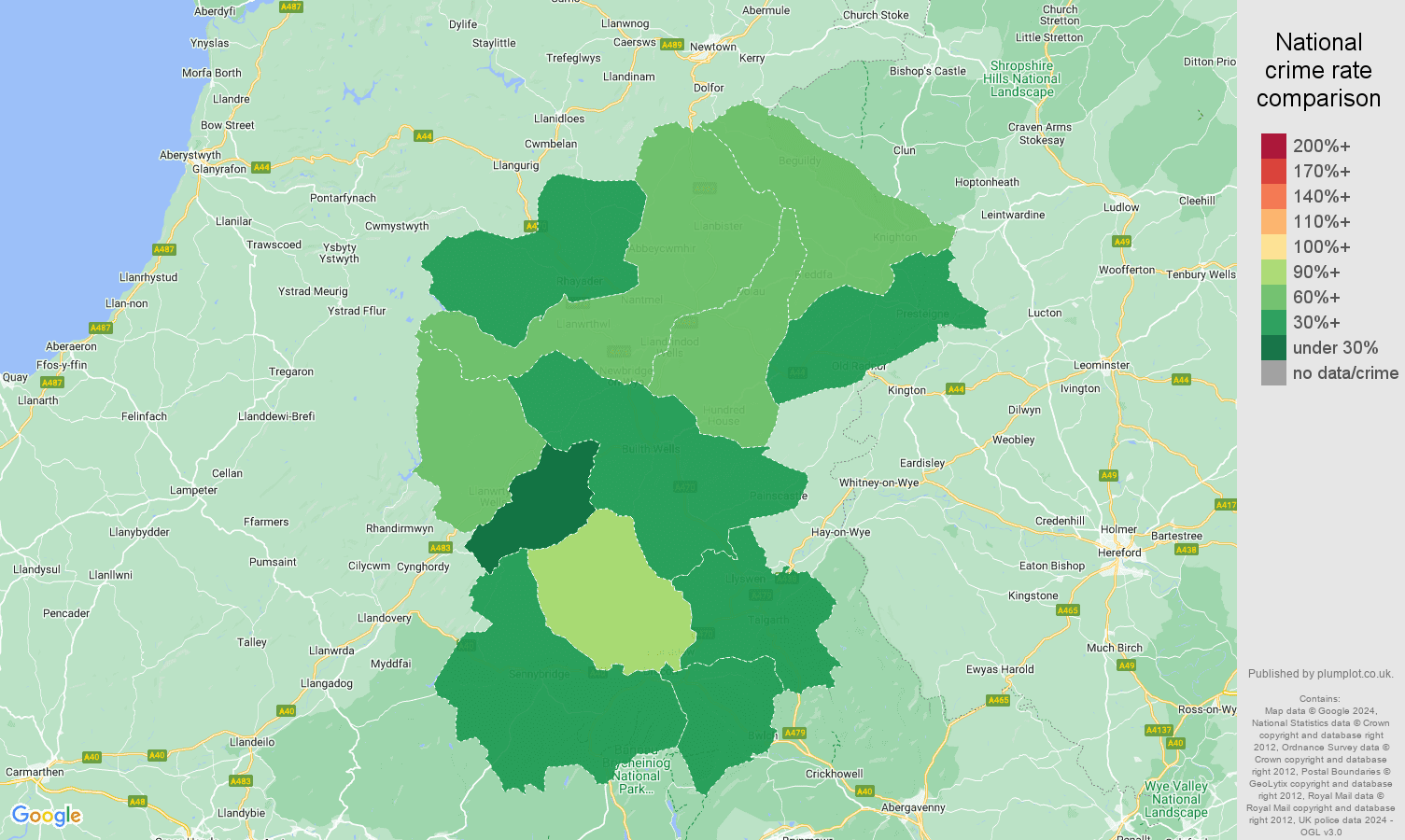 Llandrindod Wells violent crime rate comparison map
