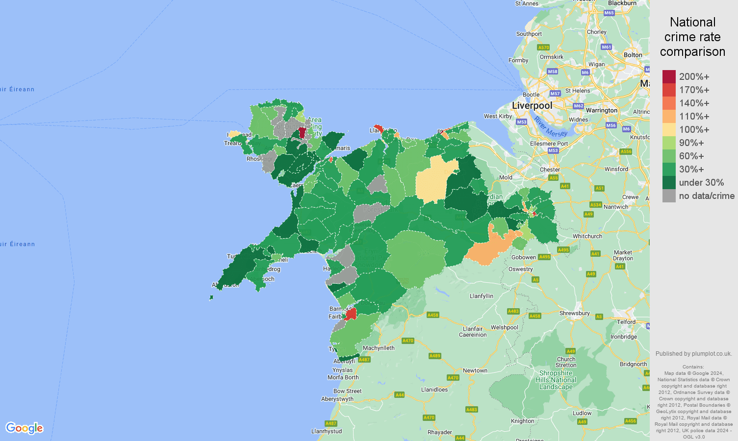 Llandudno burglary crime rate comparison map