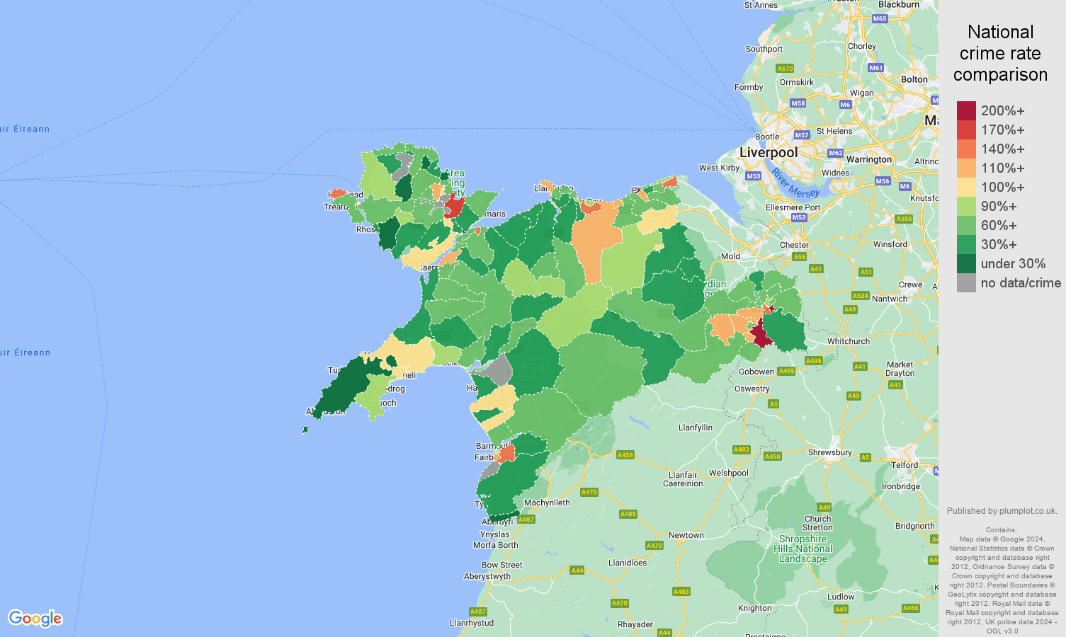 Llandudno other theft crime rate comparison map