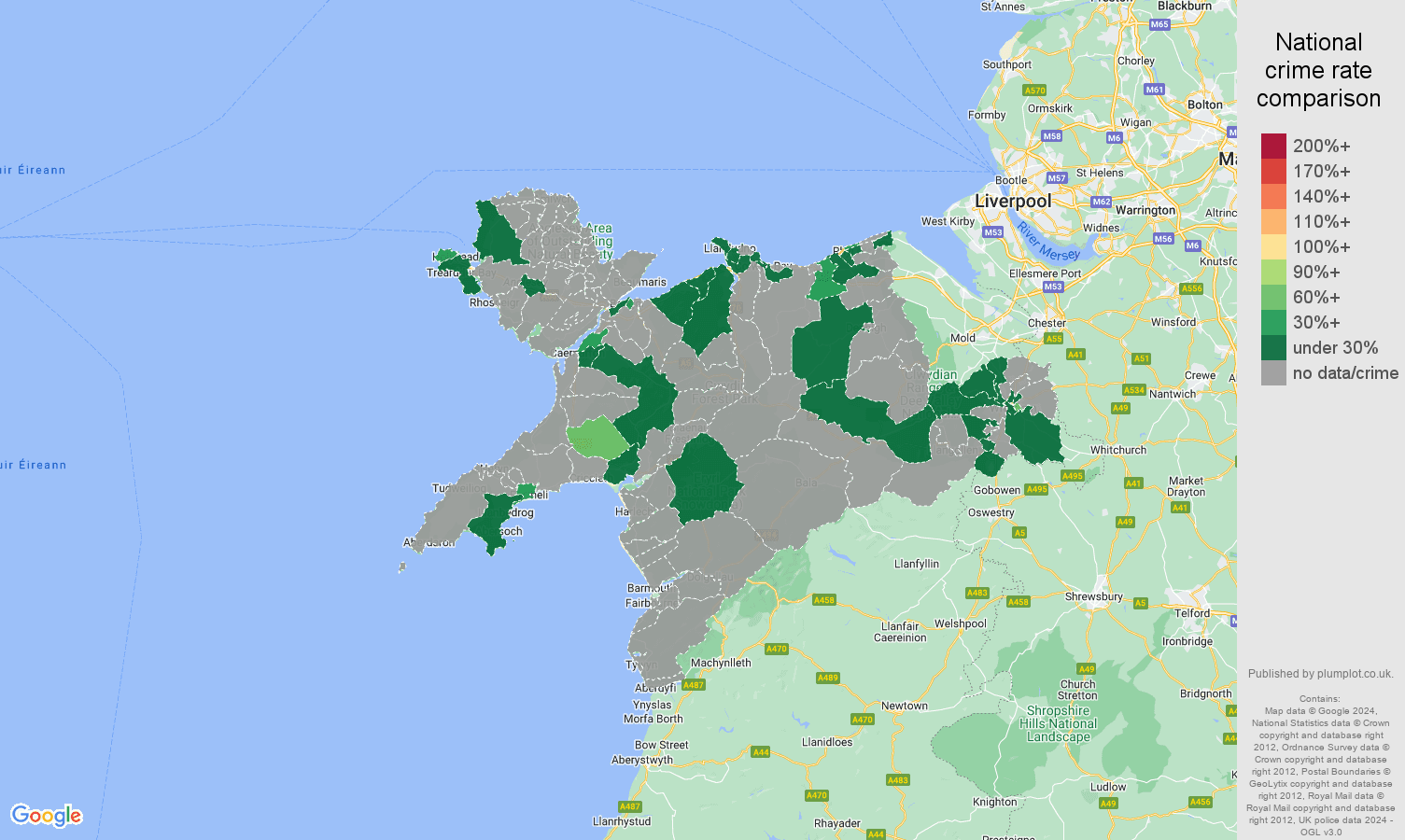 Llandudno theft from the person crime rate comparison map