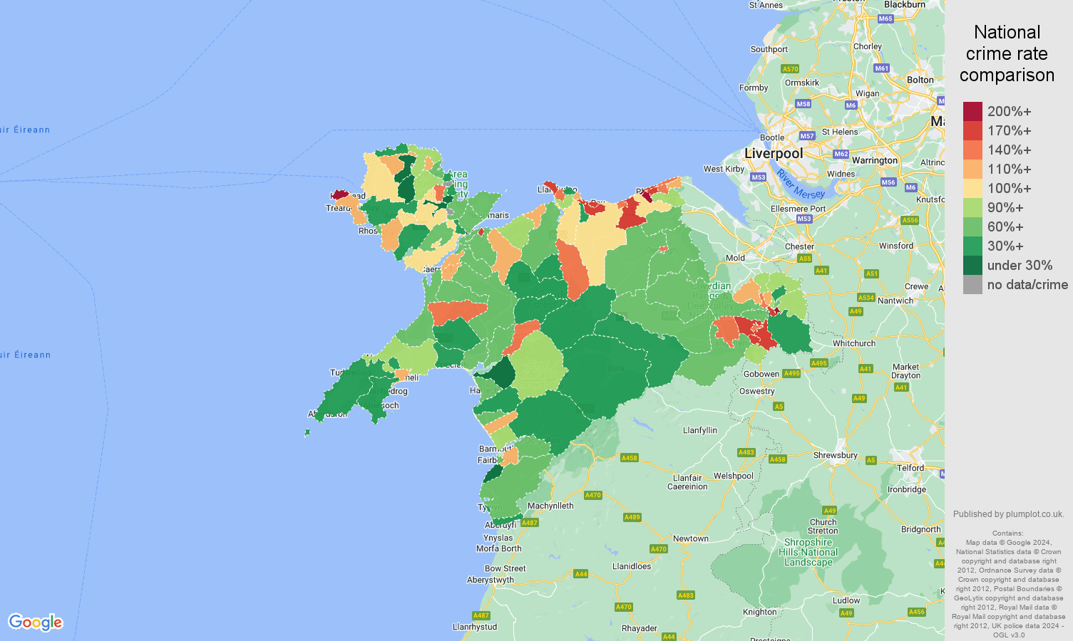 Llandudno violent crime rate comparison map
