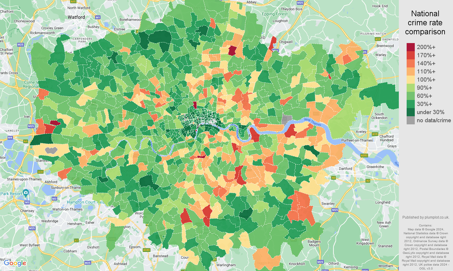 London criminal damage and arson crime rate comparison map