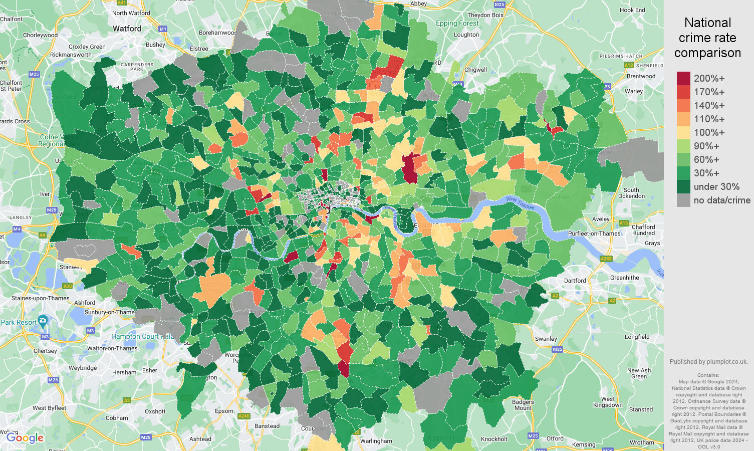 London possession of weapons crime rate comparison map