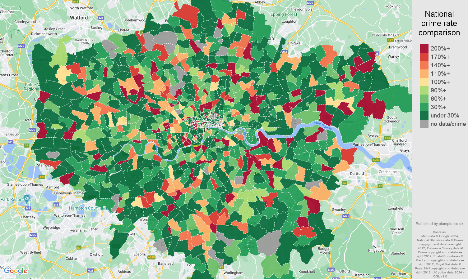 London shoplifting crime rate comparison map