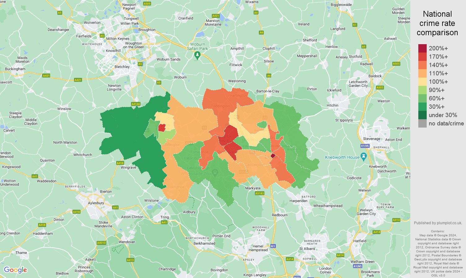 Luton antisocial behaviour crime rate comparison map