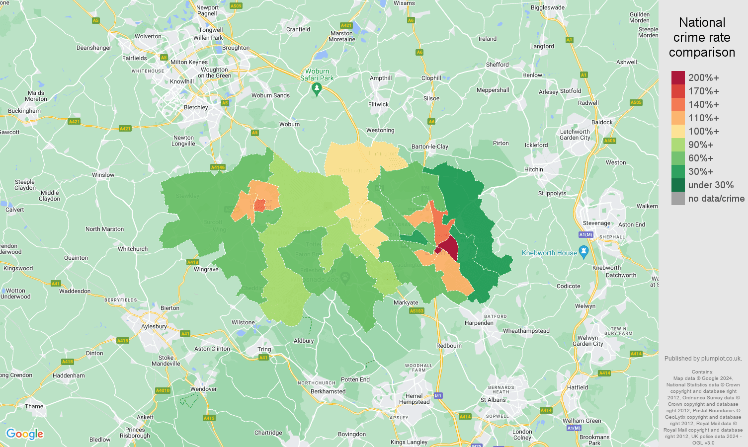 Luton burglary crime rate comparison map