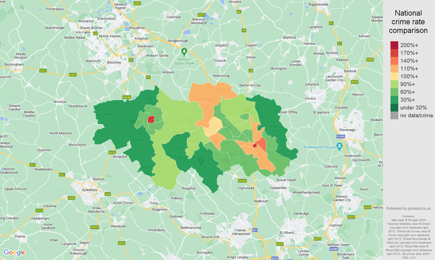 Luton crime rate comparison map