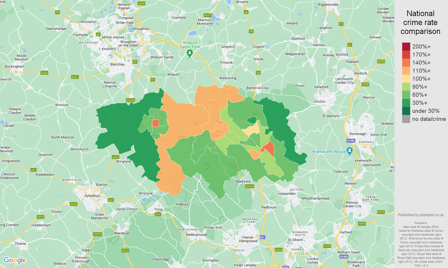 Luton criminal damage and arson crime rate comparison map