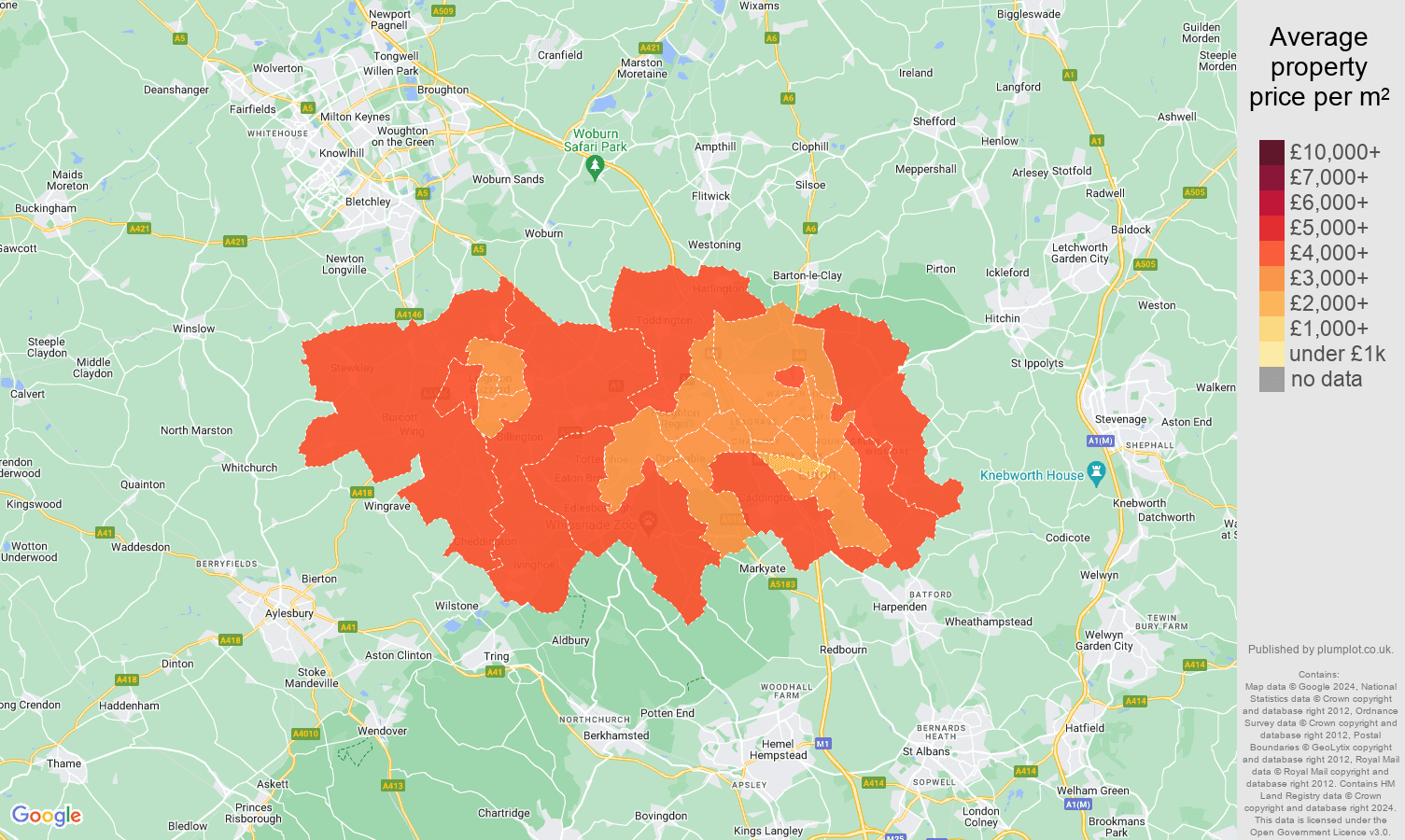 Luton house prices per square metre map