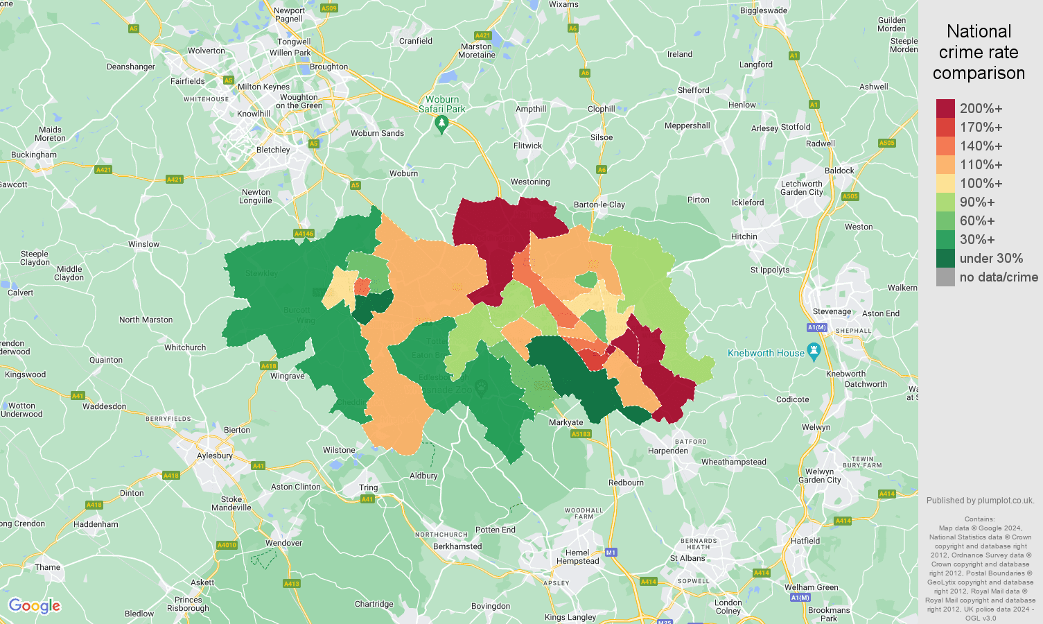 Luton possession of weapons crime rate comparison map
