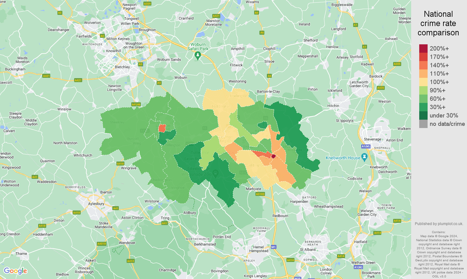 Luton public order crime rate comparison map