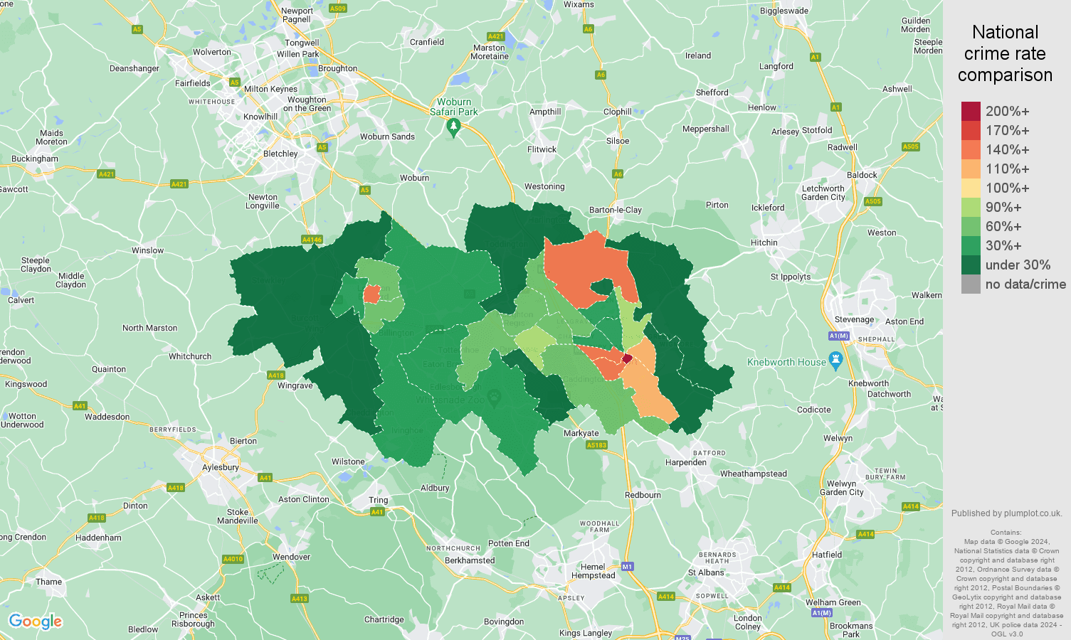 Luton robbery crime rate comparison map