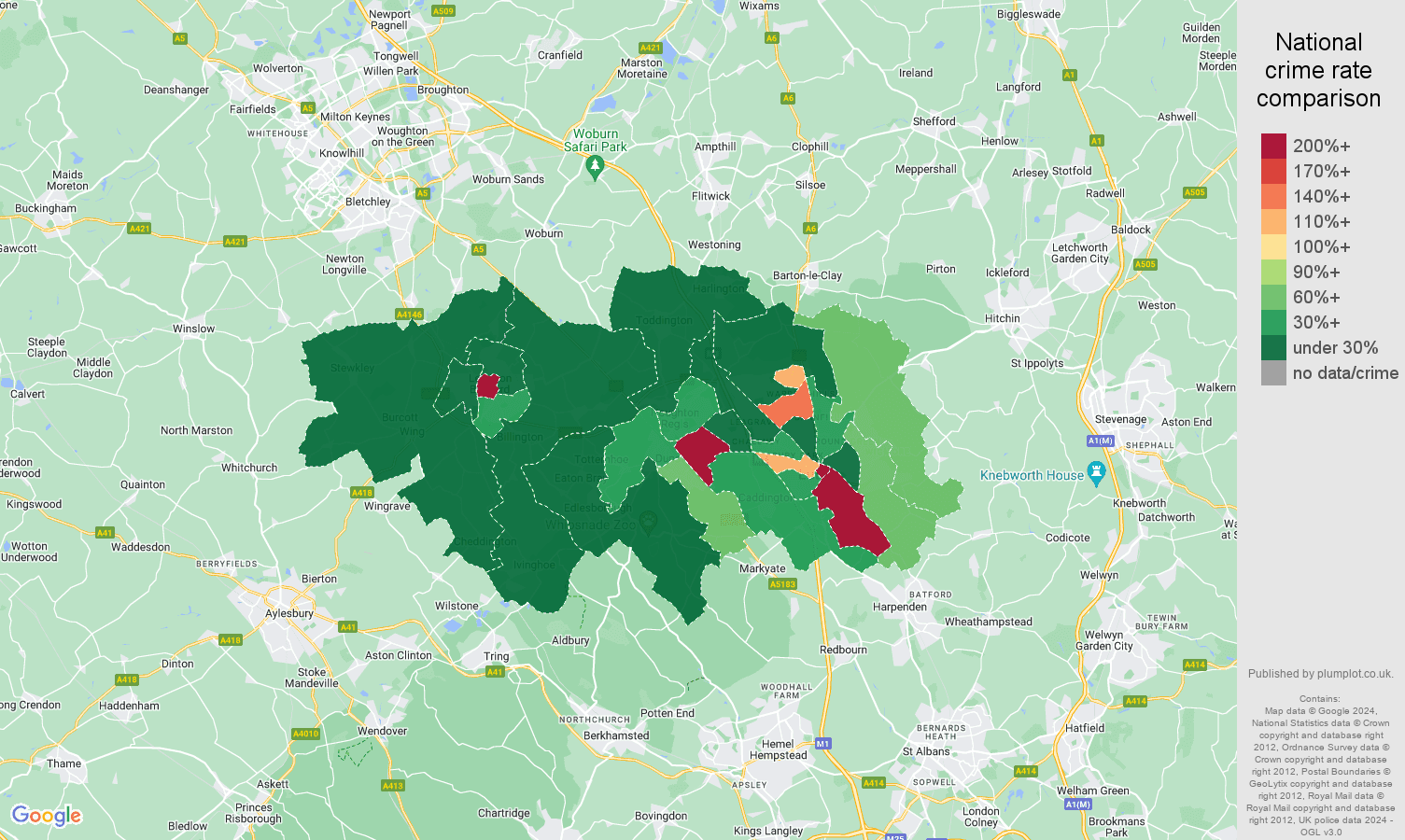 Luton shoplifting crime rate comparison map