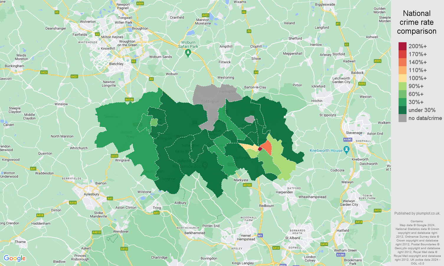 Luton theft from the person crime rate comparison map