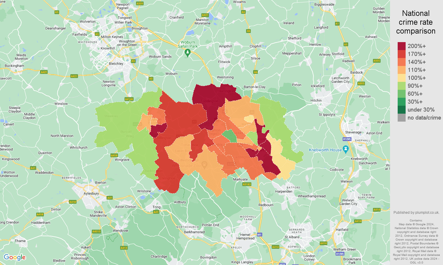 Luton vehicle crime rate comparison map