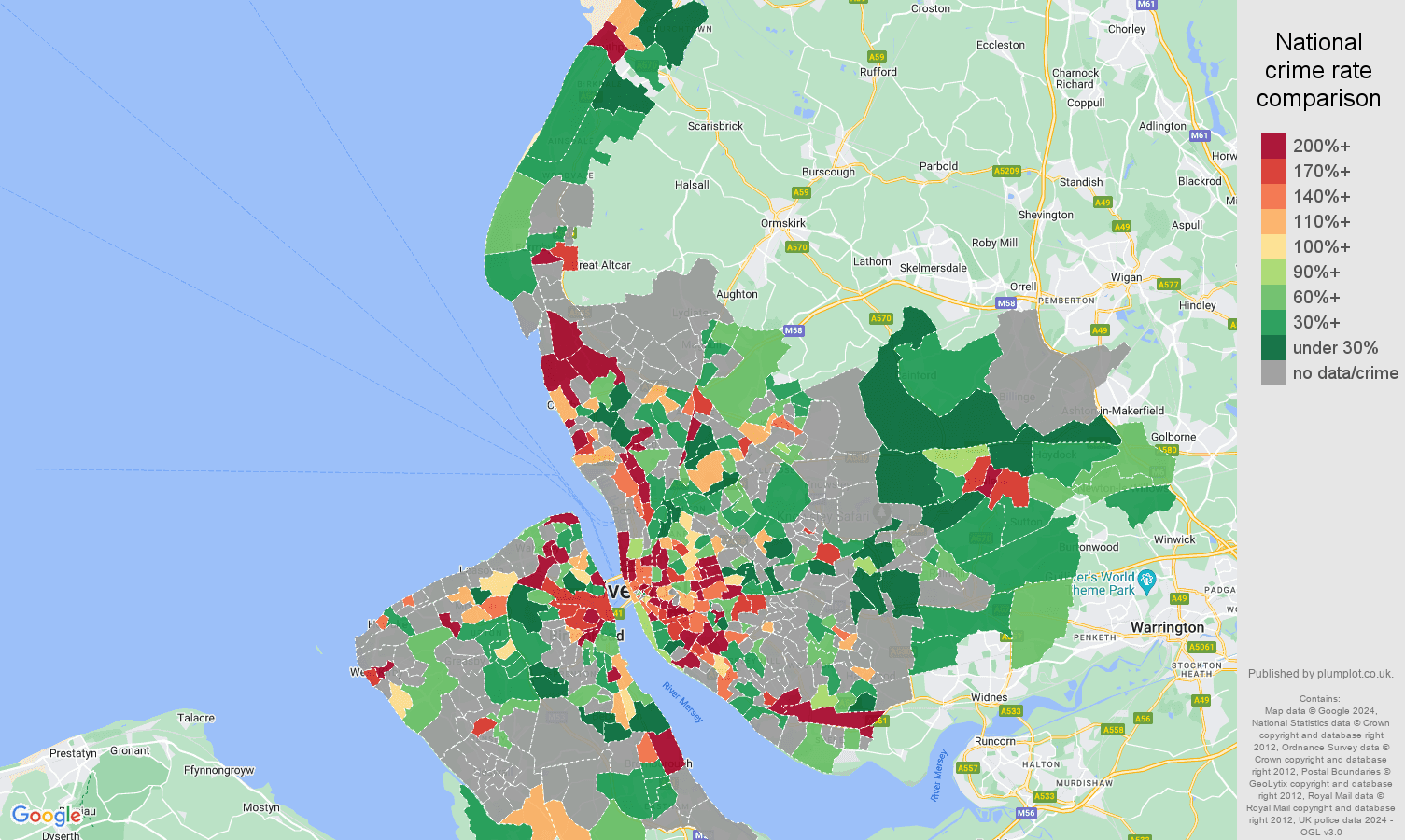 Merseyside bicycle theft crime rate comparison map