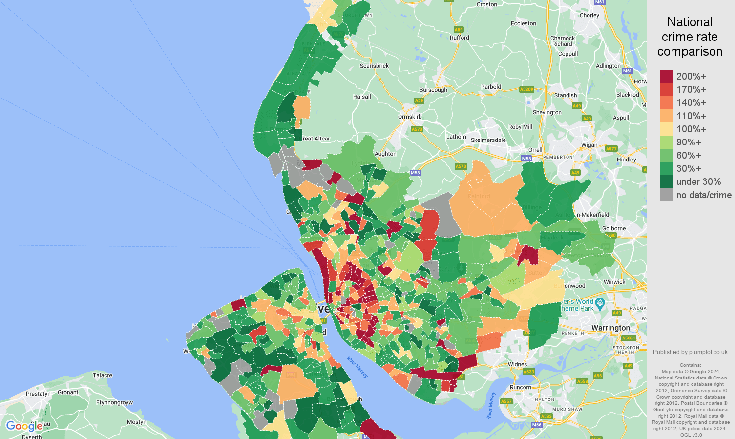 Merseyside burglary crime rate comparison map