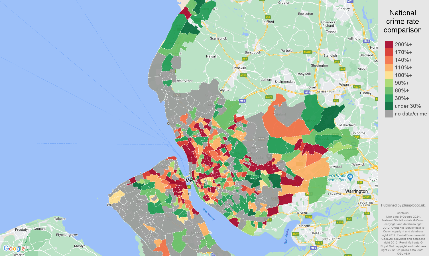 Merseyside possession of weapons crime rate comparison map