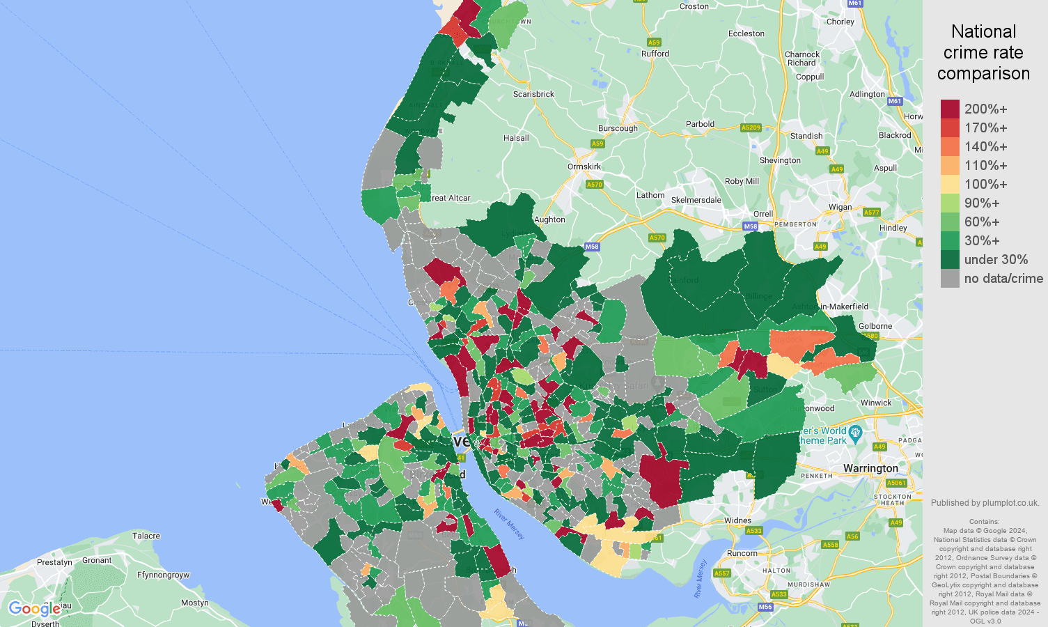 Merseyside shoplifting crime rate comparison map