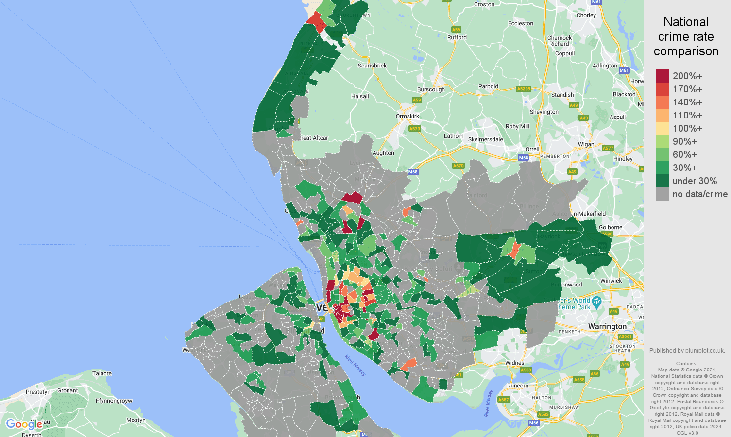 Merseyside theft from the person crime rate comparison map