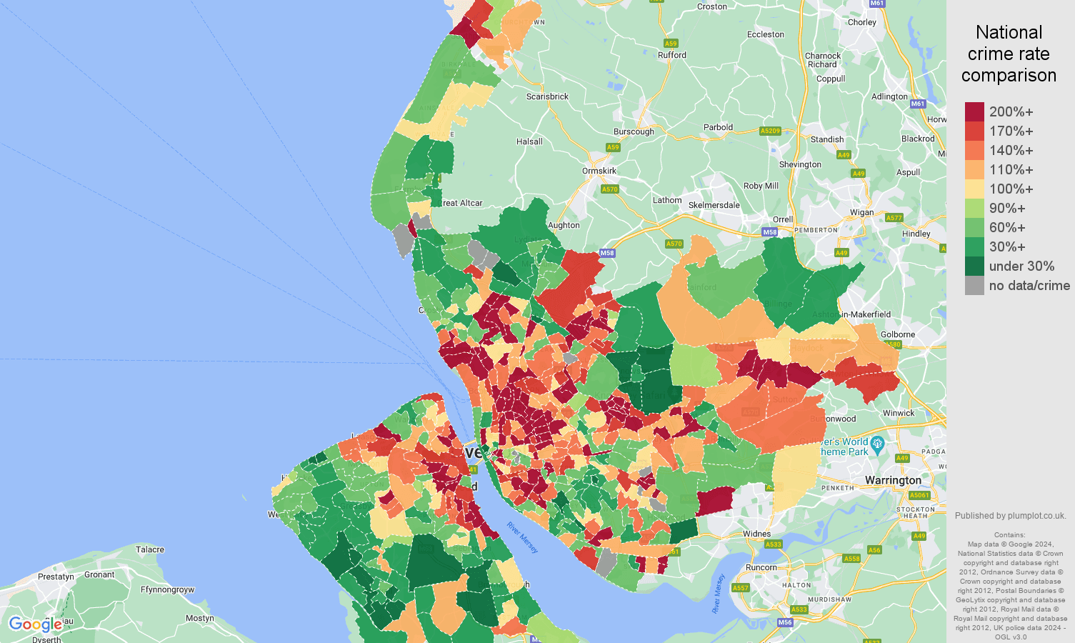 Merseyside violent crime rate comparison map