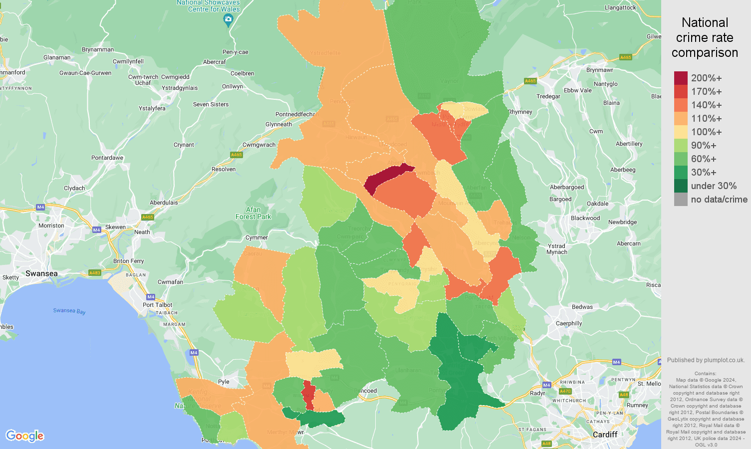 Mid Glamorgan antisocial behaviour crime rate comparison map