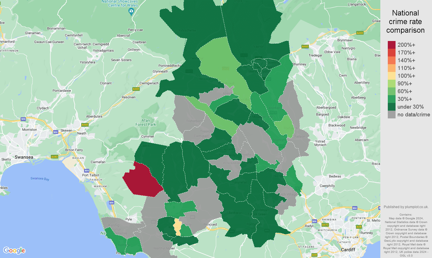 Mid Glamorgan bicycle theft crime rate comparison map