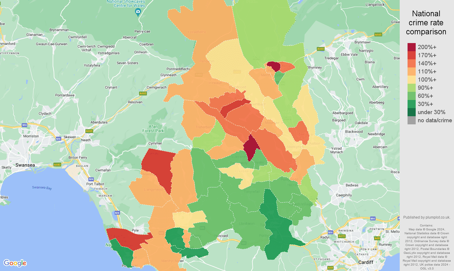 Mid Glamorgan criminal damage and arson crime rate comparison map