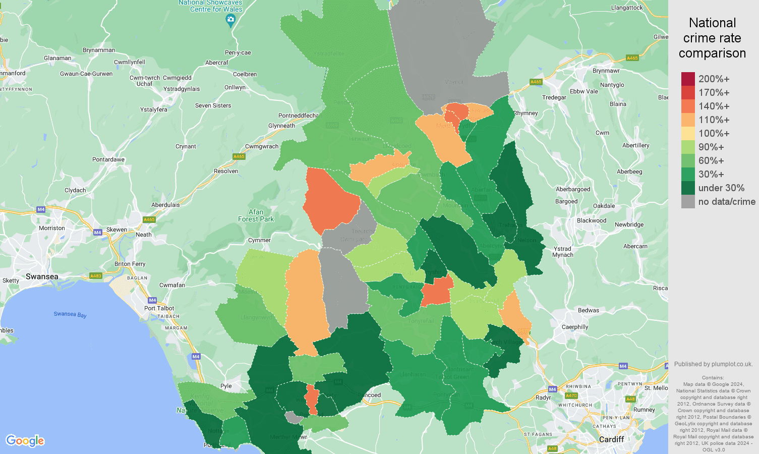 Mid Glamorgan possession of weapons crime rate comparison map