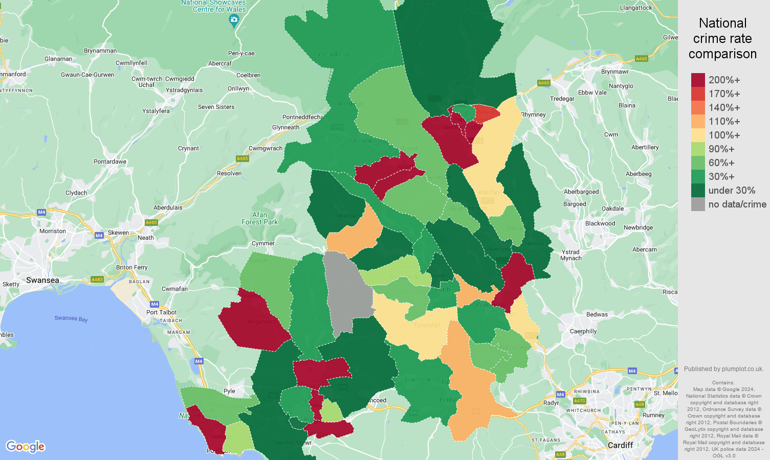 Mid Glamorgan shoplifting crime rate comparison map