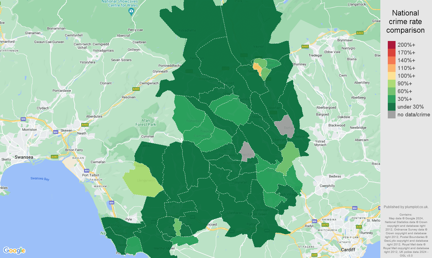 Mid Glamorgan theft from the person crime rate comparison map