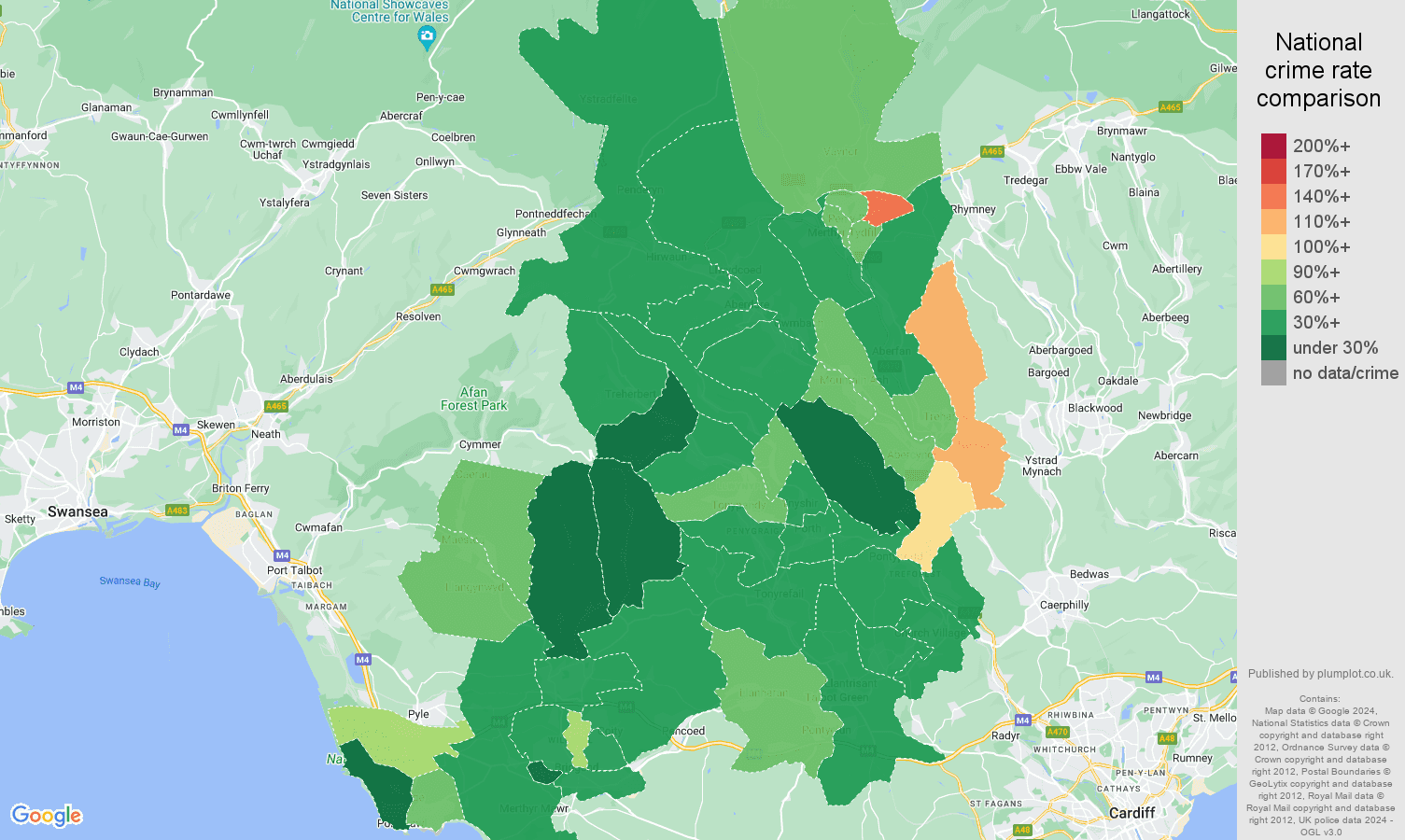 Mid Glamorgan vehicle crime rate comparison map