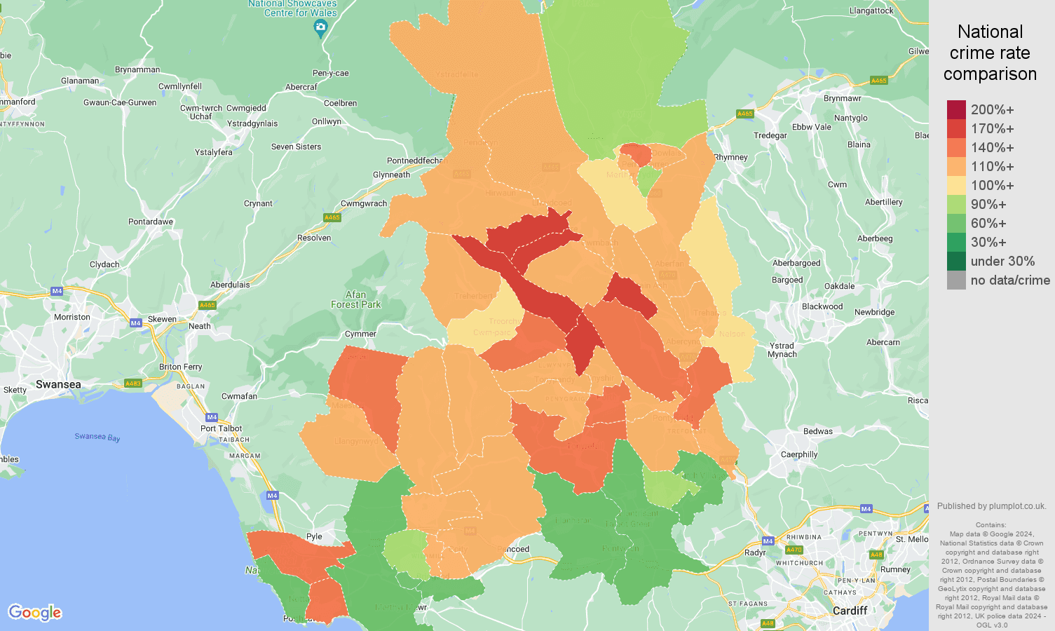Mid Glamorgan violent crime rate comparison map