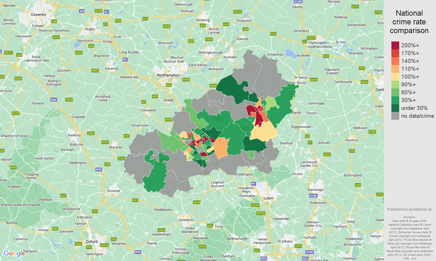 Milton Keynes bicycle theft crime rate comparison map