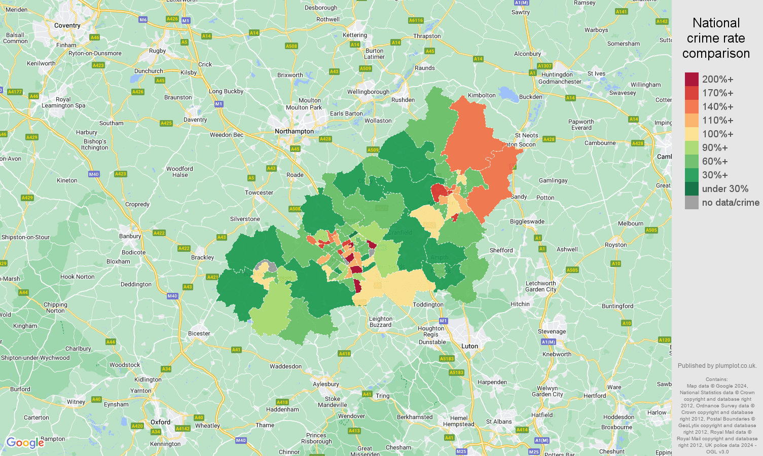 Milton Keynes criminal damage and arson crime rate comparison map