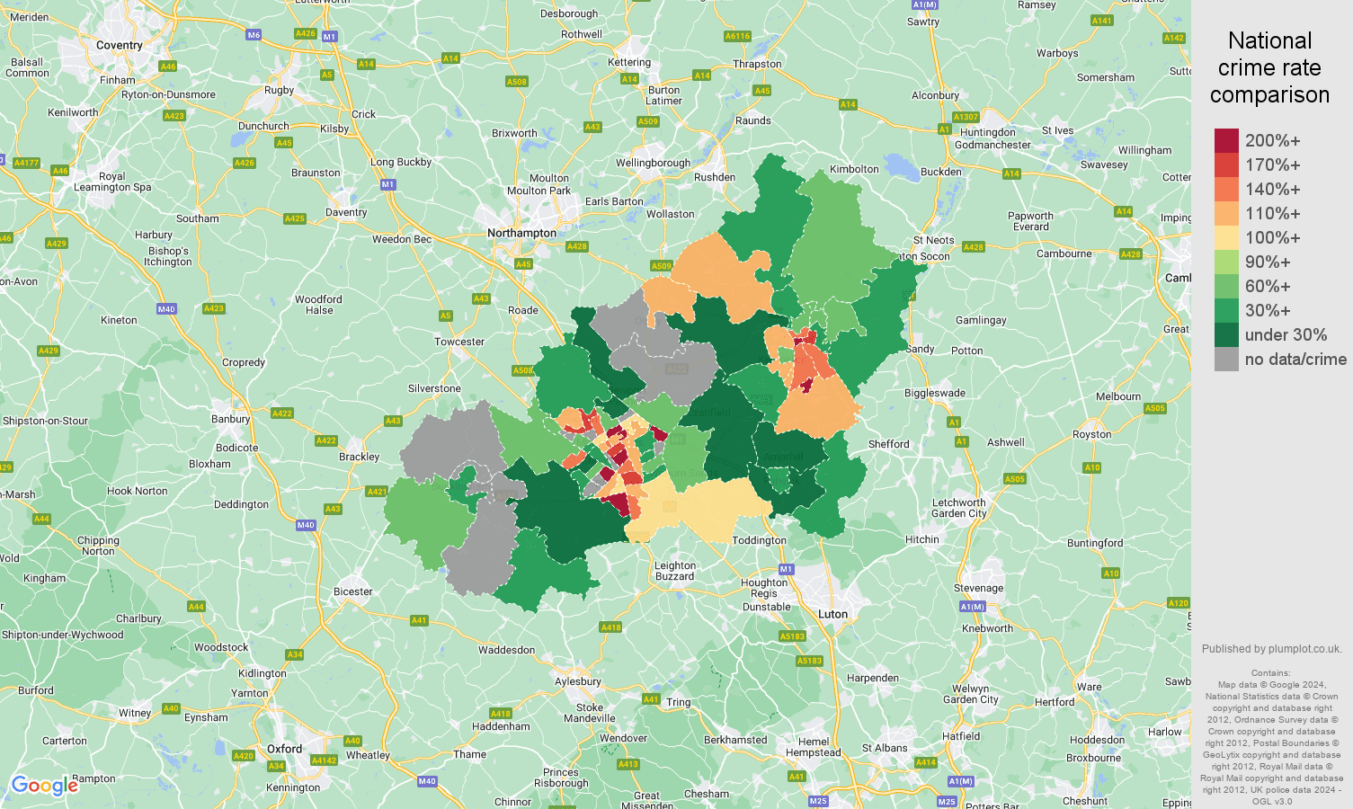 Milton Keynes possession of weapons crime rate comparison map
