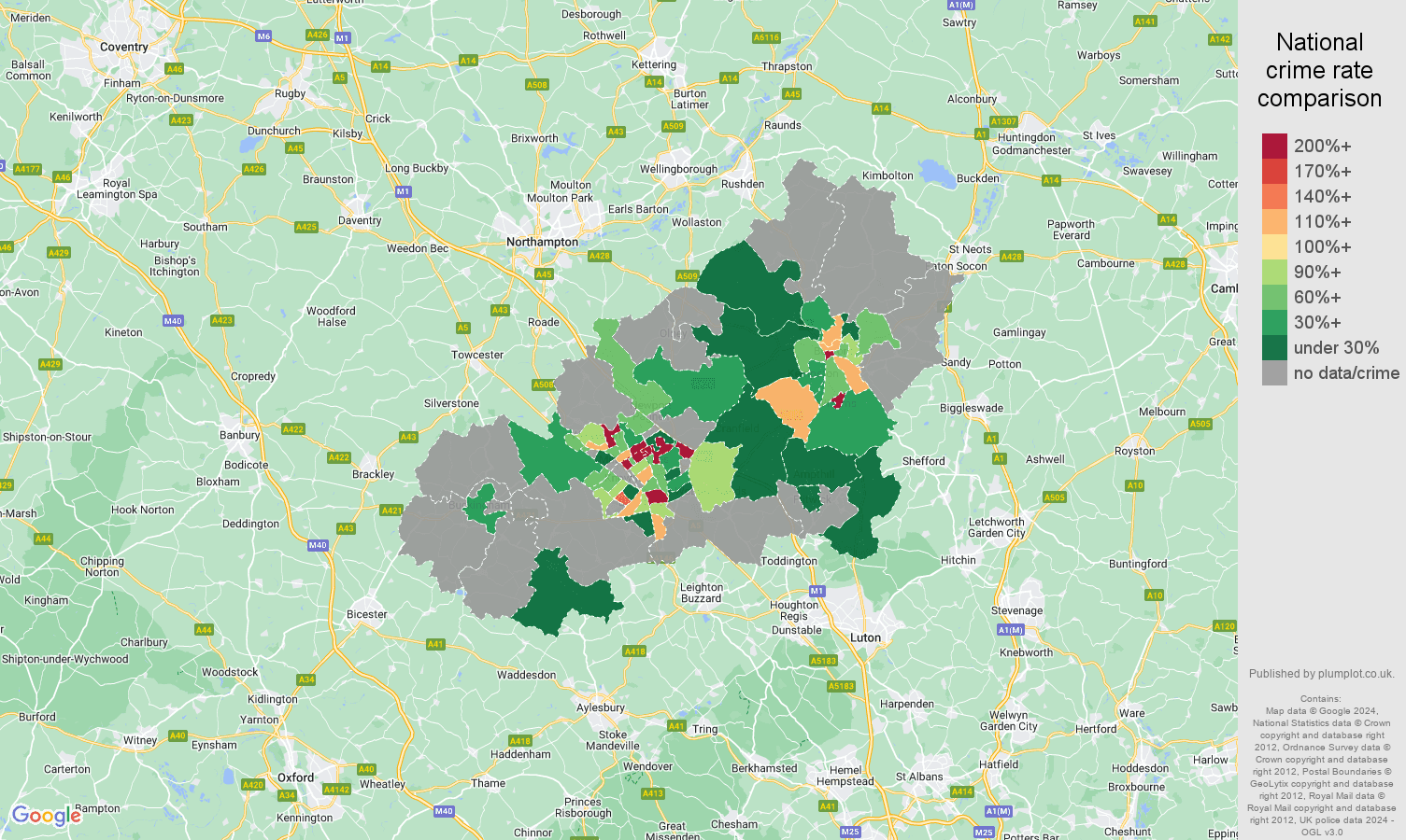 Milton Keynes robbery crime rate comparison map