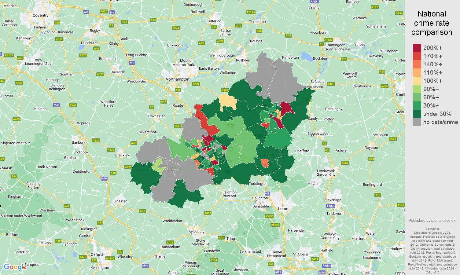 Milton Keynes shoplifting crime rate comparison map